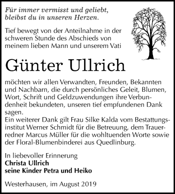Traueranzeige von Günter Ullrich von Super Sonntag Quedlinburg