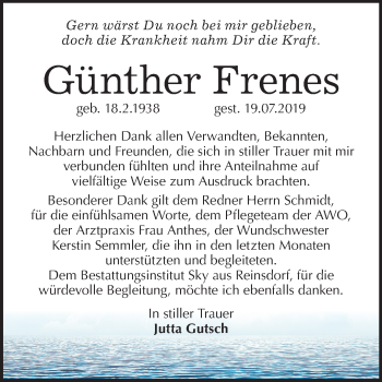 Traueranzeige von Günther Frenes von Mitteldeutsche Zeitung Wittenberg