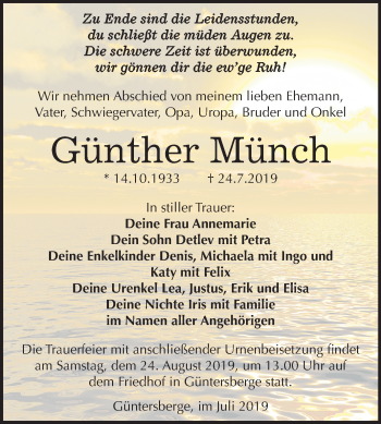 Traueranzeige von Günther Münch von Mitteldeutsche Zeitung Quedlinburg