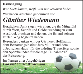 Traueranzeige von Günther Wiedemann von Mitteldeutsche Zeitung Aschersleben