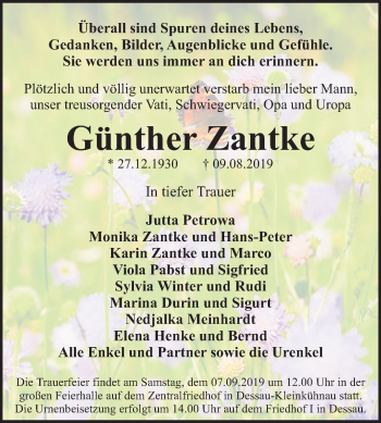 Traueranzeige von Günther Zantke von Super Sonntag Dessau-Roßlau
