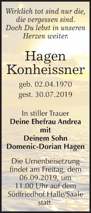 Traueranzeige von Hagen Konheissner von Mitteldeutsche Zeitung Halle/Saalkreis / Merseburg/Querfurt