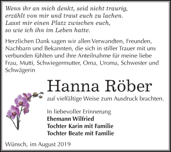 Traueranzeige von Hanna Röber von Super Sonntag Merseburg/Querfurt