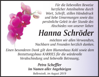 Traueranzeige von Hanna Schröder von Super Sonntag Quedlinburg