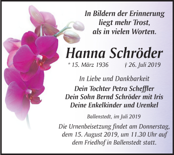 Traueranzeige von Hanna Schröder von Mitteldeutsche Zeitung Quedlinburg