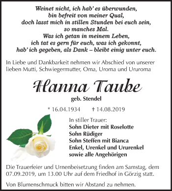 Traueranzeige von Hanna Taube von Super Sonntag Köthen