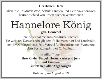 Traueranzeige von Hannelore König von Super Sonntag Merseburg/Querfurt