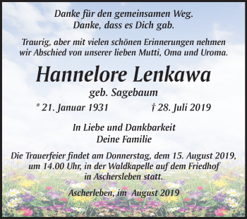 Traueranzeige von Hannelore Lenkawa von Mitteldeutsche Zeitung Quedlinburg