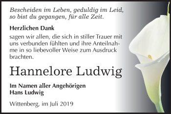 Traueranzeige von Hannelore Ludwig von Super Sonntag Wittenberg
