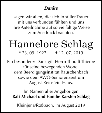 Traueranzeige von Hannelore Schlag von Mitteldeutsche Zeitung Naumburg/Nebra