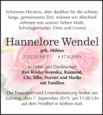 Traueranzeige von Hannelore Wendel von Mitteldeutsche Zeitung Köthen