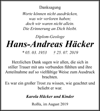 Traueranzeige von Hans-Andreas Häcker von Mitteldeutsche Zeitung Sangerhausen