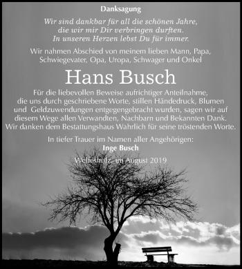 Traueranzeige von Hans Busch von Mitteldeutsche Zeitung Mansfelder Land