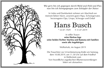 Traueranzeige von Hans Busch von Wochenspiegel Mansfelder Land