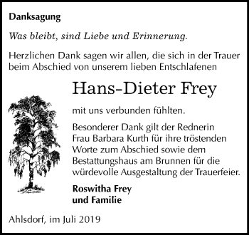 Traueranzeige von Hans-Dieter Frey von Mitteldeutsche Zeitung Mansfelder Land