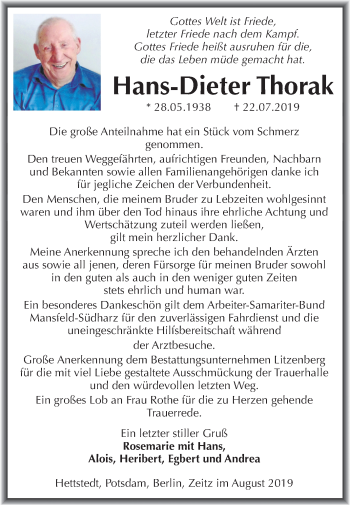 Traueranzeige von Hans-Dieter Thorak von Mitteldeutsche Zeitung Mansfelder Land