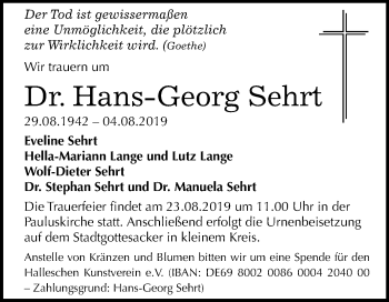 Traueranzeige von Hans-Georg Sehrt von Mitteldeutsche Zeitung Halle/Saalkreis