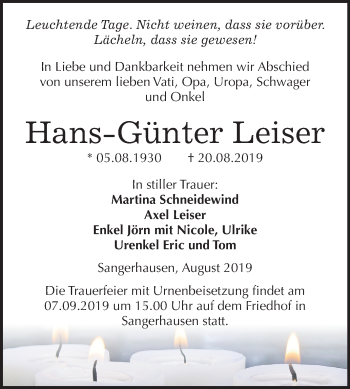 Traueranzeige von Hans-Günter Leiser von Super Sonntag Sangerhausen