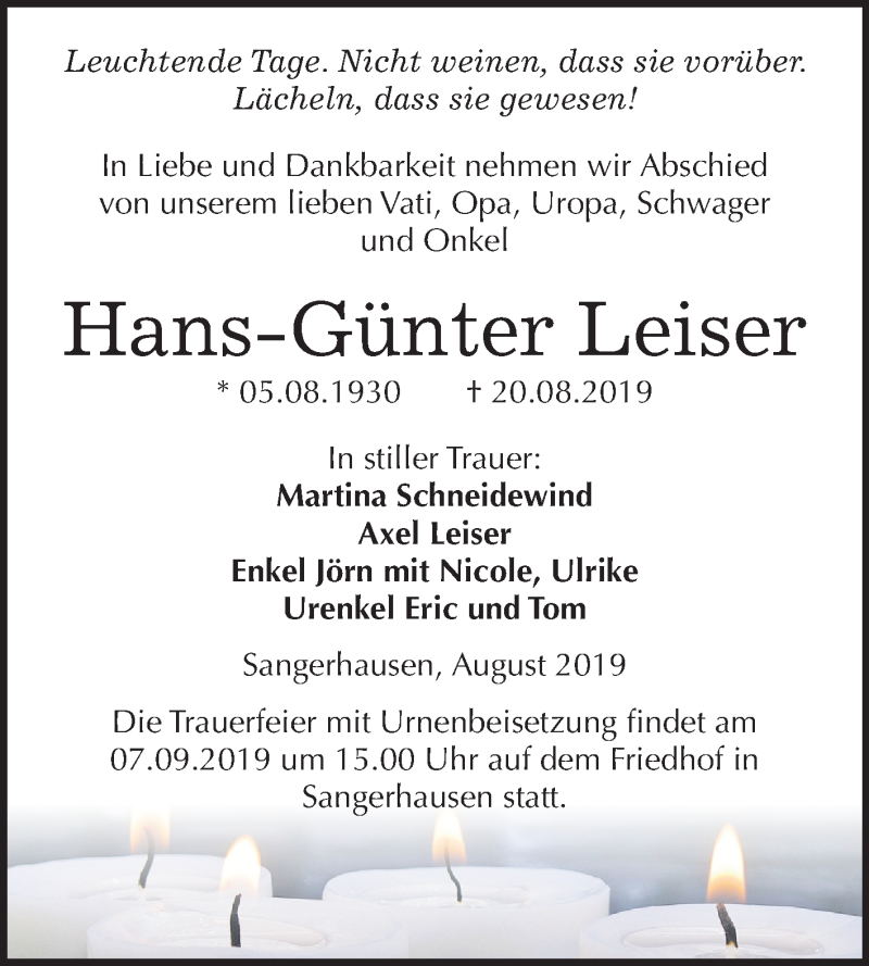  Traueranzeige für Hans-Günter Leiser vom 31.08.2019 aus Super Sonntag Sangerhausen