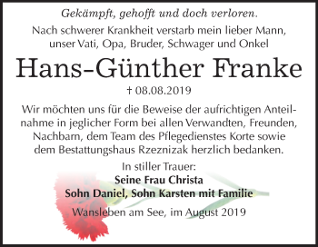 Traueranzeige von Hans-Günther Franke von Wochenspiegel Mansfelder Land