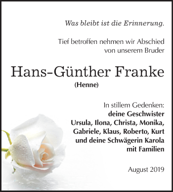Traueranzeige von Hans-Günther Franke von Super Sonntag Mansfelder Land