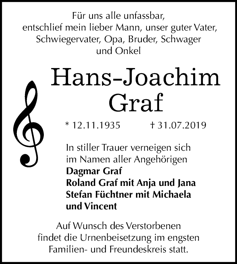  Traueranzeige für Hans-Joachim Graf vom 10.08.2019 aus Super Sonntag Quedlinburg