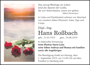 Traueranzeige von Hans Roßbach von Mitteldeutsche Zeitung Mansfelder Land