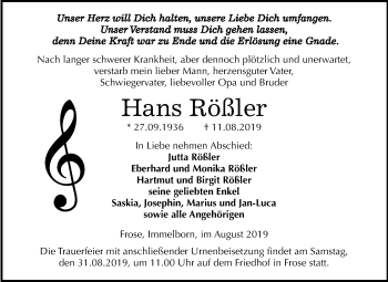 Traueranzeige von Hans Rößler von Mitteldeutsche Zeitung Aschersleben