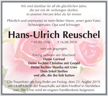 Traueranzeige von Hans-Ulrich Reuschel von Mitteldeutsche Zeitung Mansfelder Land