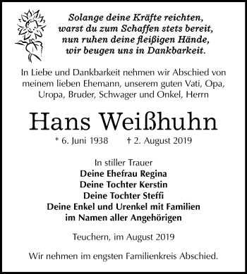 Traueranzeige von Hans Weißhuhn von Mitteldeutsche Zeitung Weißenfels
