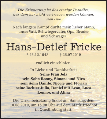 Traueranzeige von Hans Detlef Fricke von Super Sonntag Quedlinburg
