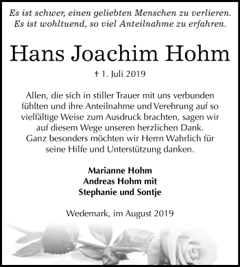Traueranzeige von Hans Joachim Hohm von Mitteldeutsche Zeitung Mansfelder Land