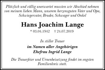 Traueranzeige von Hans Joachim Lange von Super Sonntag Dessau-Roßlau