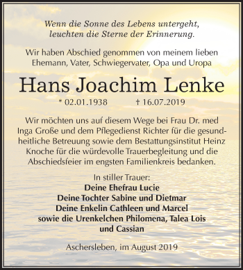 Traueranzeige von Hans Joachim Lenke von Mitteldeutsche Zeitung Aschersleben