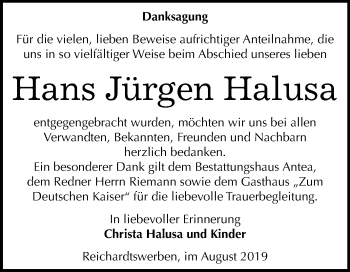 Traueranzeige von Hans Jürgen Halusa von Wochenspiegel Weißenfels