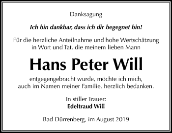 Traueranzeige von Hans Peter Will von Mitteldeutsche Zeitung Merseburg/Querfurt