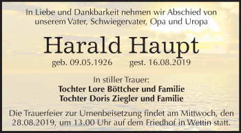 Traueranzeige von Harald Haupt von Mitteldeutsche Zeitung Halle/Saalkreis