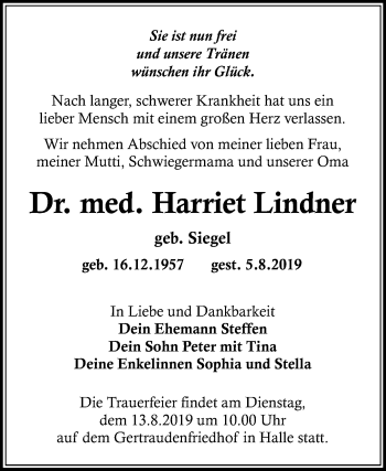 Traueranzeige von Harriet Lindner von Mitteldeutsche Zeitung Halle/Saalkreis