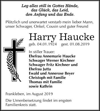 Traueranzeige von Harry Haucke von Mitteldeutsche Zeitung Merseburg/Querfurt