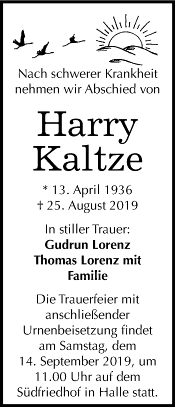 Traueranzeige von Harry Kaltze von Mitteldeutsche Zeitung Halle/Saalkreis