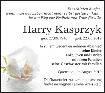 Traueranzeige von Harry Kasprzyk von Super Sonntag Mansfelder Land