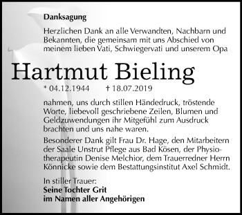 Traueranzeige von Hartmut Bieling von Mitteldeutsche Zeitung Naumburg/Nebra