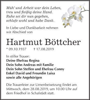 Traueranzeige von Hartmut Böttcher von Mitteldeutsche Zeitung Merseburg/Querfurt