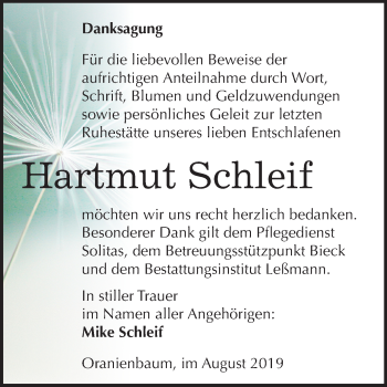 Traueranzeige von Hartmut Schleif von Mitteldeutsche Zeitung Wittenberg