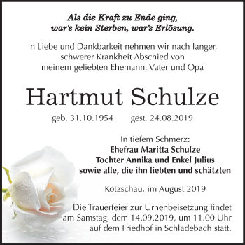 Traueranzeige von Hartmut Schulze von Mitteldeutsche Zeitung Merseburg/Querfurt