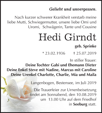 Traueranzeige von Hedi Girndt von Mitteldeutsche Zeitung Mansfelder Land