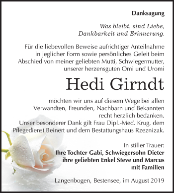 Traueranzeige von Hedi Girndt von Super Sonntag Mansfelder Land