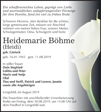 Traueranzeige von Heidemarie Böhme von Mitteldeutsche Zeitung Sangerhausen