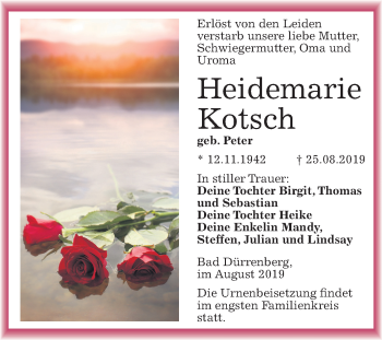 Traueranzeige von Heidemarie Kotsch von Super Sonntag Merseburg/Querfurt