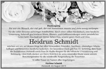 Traueranzeige von Heidrun Schmidt von Mitteldeutsche Zeitung Mansfelder Land